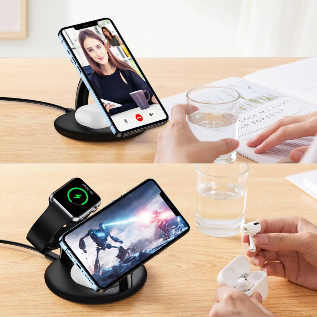 Choetech 3-in-1 Draadloze Oplaadstation iPhone/AirPods/Watch Zwart afbeelding 2