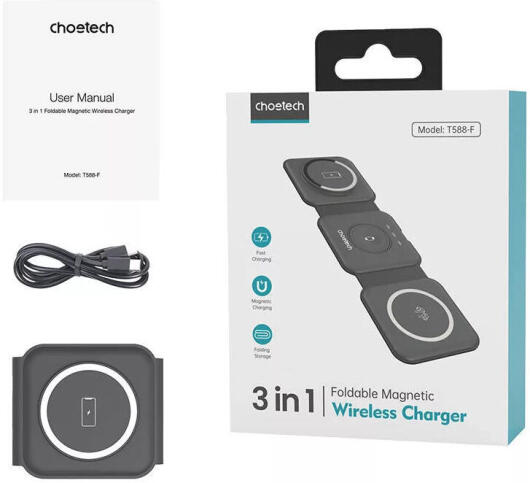 Choetech 3-in-1 Opvouwbare Draadloze Lader iPhone/AirPods/Watch Zwart afbeelding 10