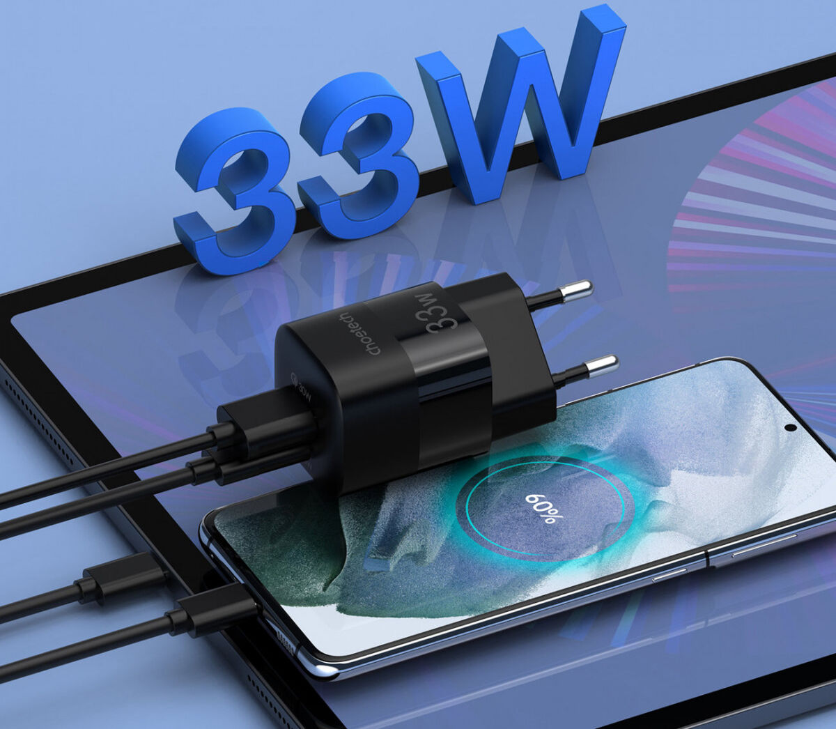 Choetech 33W USB / USB-C Snellader Power Delivery GaN Adapter Zwart afbeelding 3