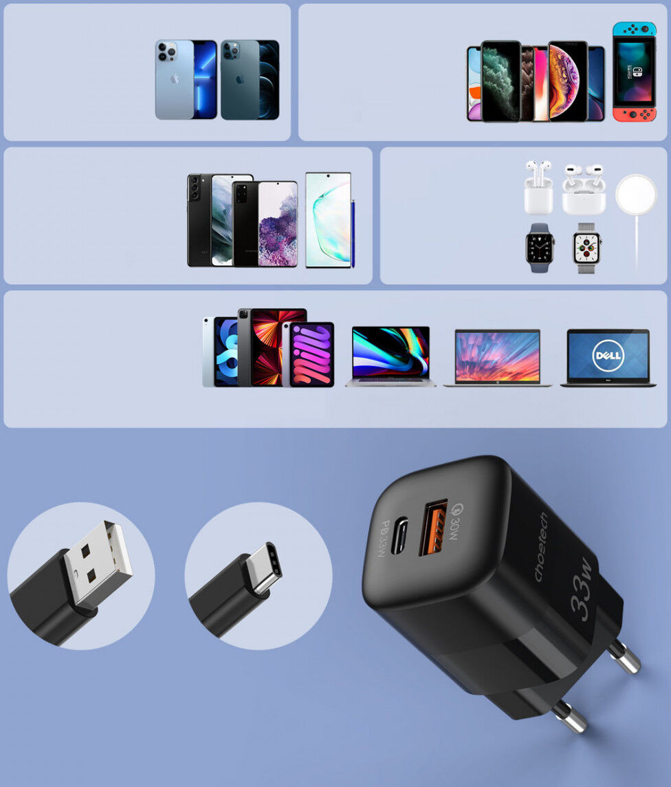 Choetech 33W USB / USB-C Snellader Power Delivery GaN Adapter Zwart afbeelding 8