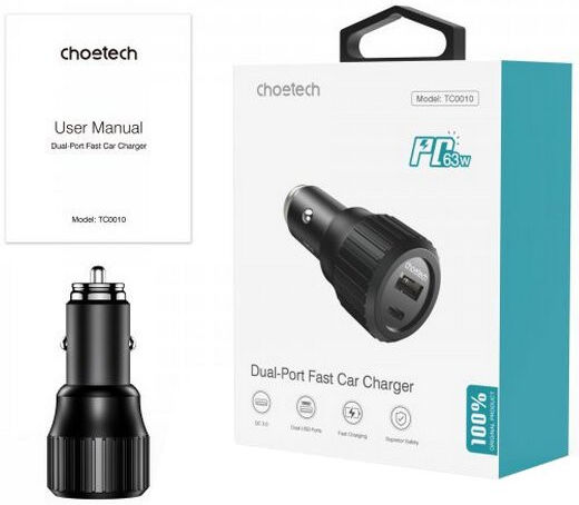 Choetech 63W Duo Fast Charge Autolader USB en USB-C Zwart afbeelding 9
