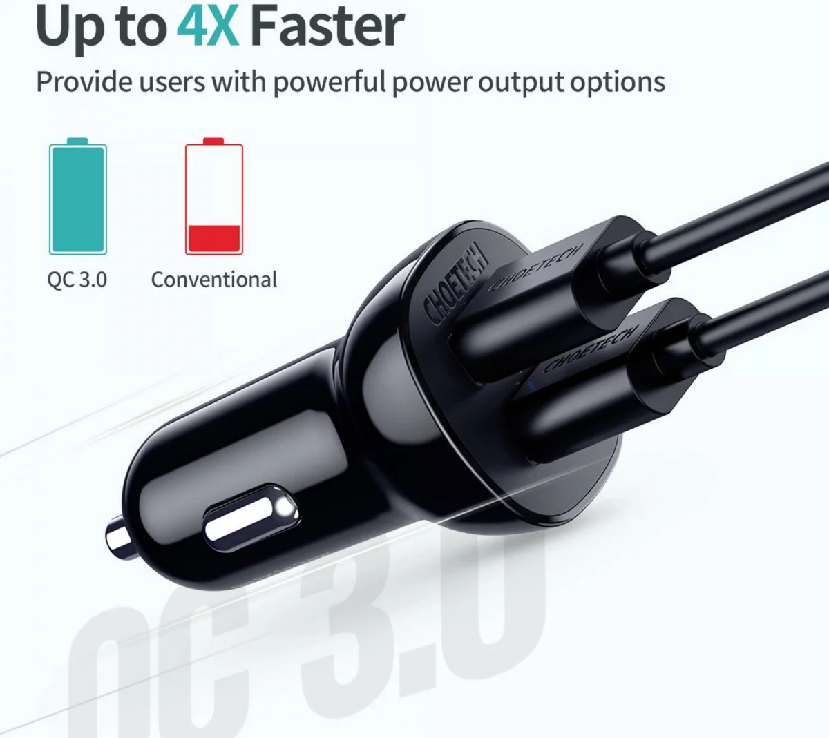 Choetech Auto Lader Quick Charge 3.0 Dual USB-A 36W met USB-C Kabel afbeelding 3