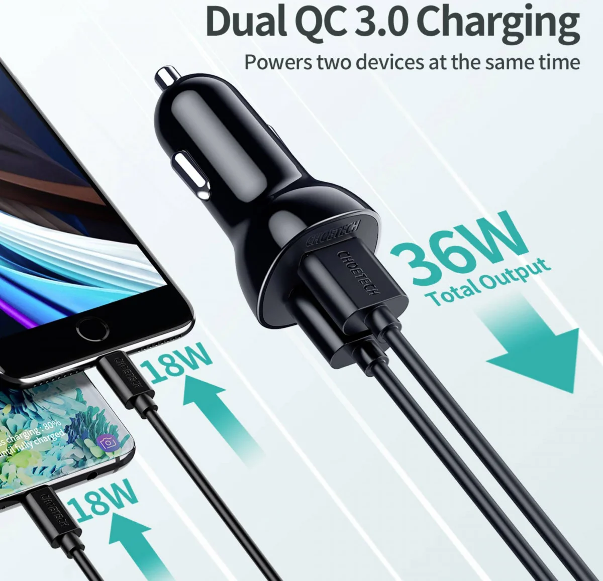 Choetech Auto Lader Quick Charge 3.0 Dual USB-A 36W met USB-C Kabel afbeelding 7