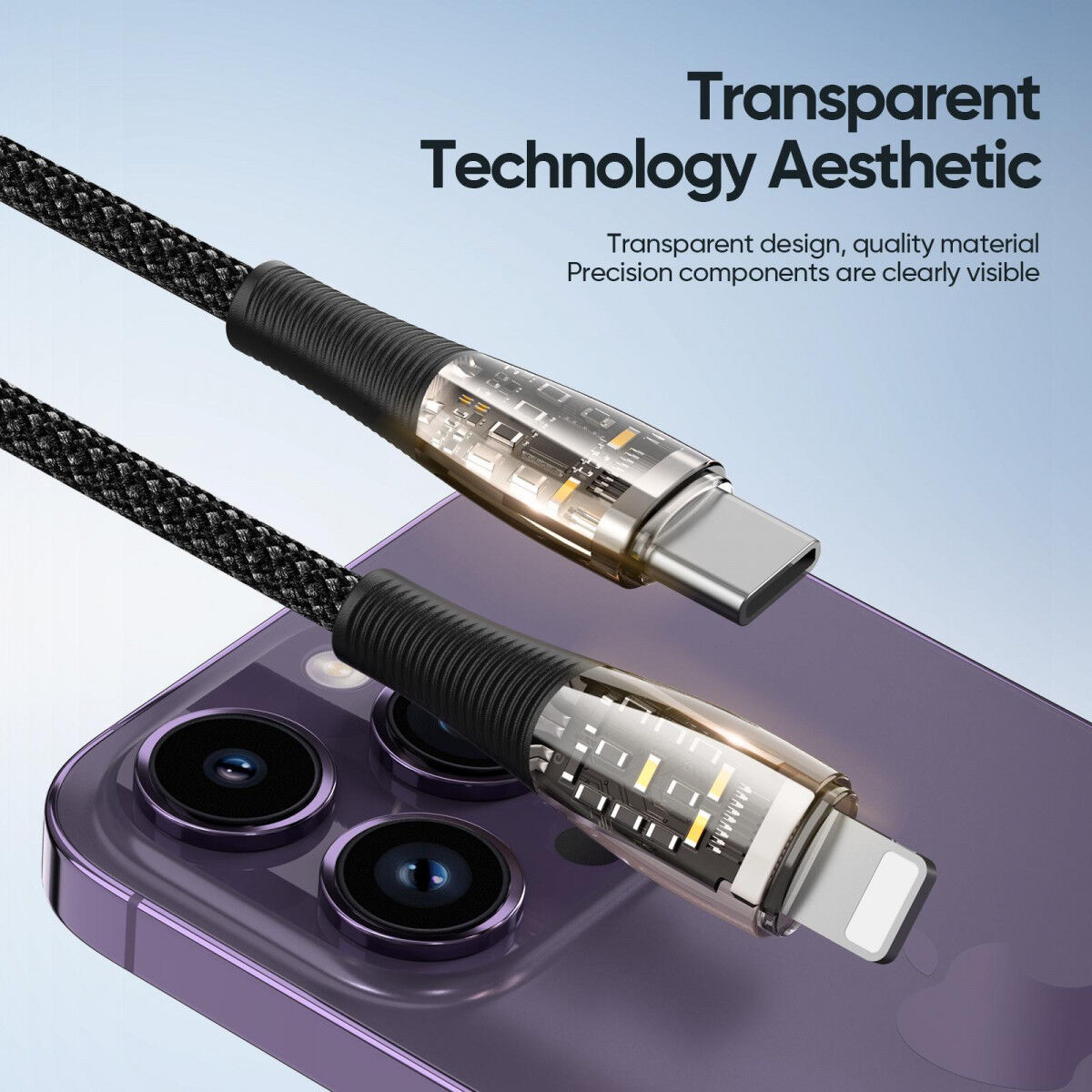 Duzzona 3A USB-C naar Lightning Kabel PD 27W 1M Transparant afbeelding 4