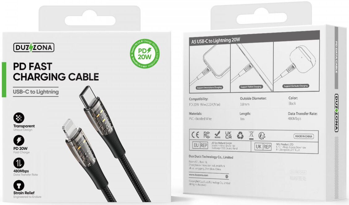 Duzzona 3A USB-C naar Lightning Kabel PD 27W 1M Transparant afbeelding 8