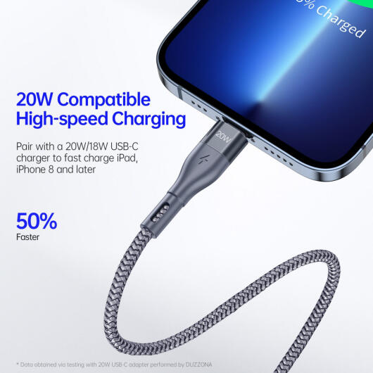Duzzona 2.22A USB-C naar Lightning Kabel 20W Power Delivery 3M Grijs afbeelding 3