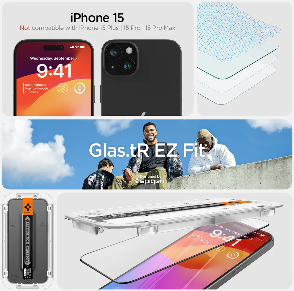 Spigen EZ Fit GLAS.tR Apple iPhone 15 Screen Protector Zwart (2-Pack) afbeelding 5