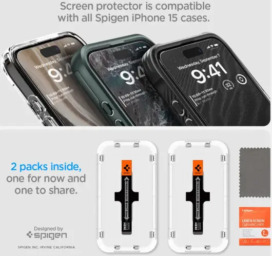 Spigen EZ Fit GLAS.tR Apple iPhone 15 Screen Protector Zwart (2-Pack) afbeelding 4