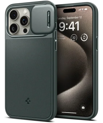 Spigen Optik Armor Apple iPhone 15 Pro Hoesje Camera Slider Groen Hoesjes