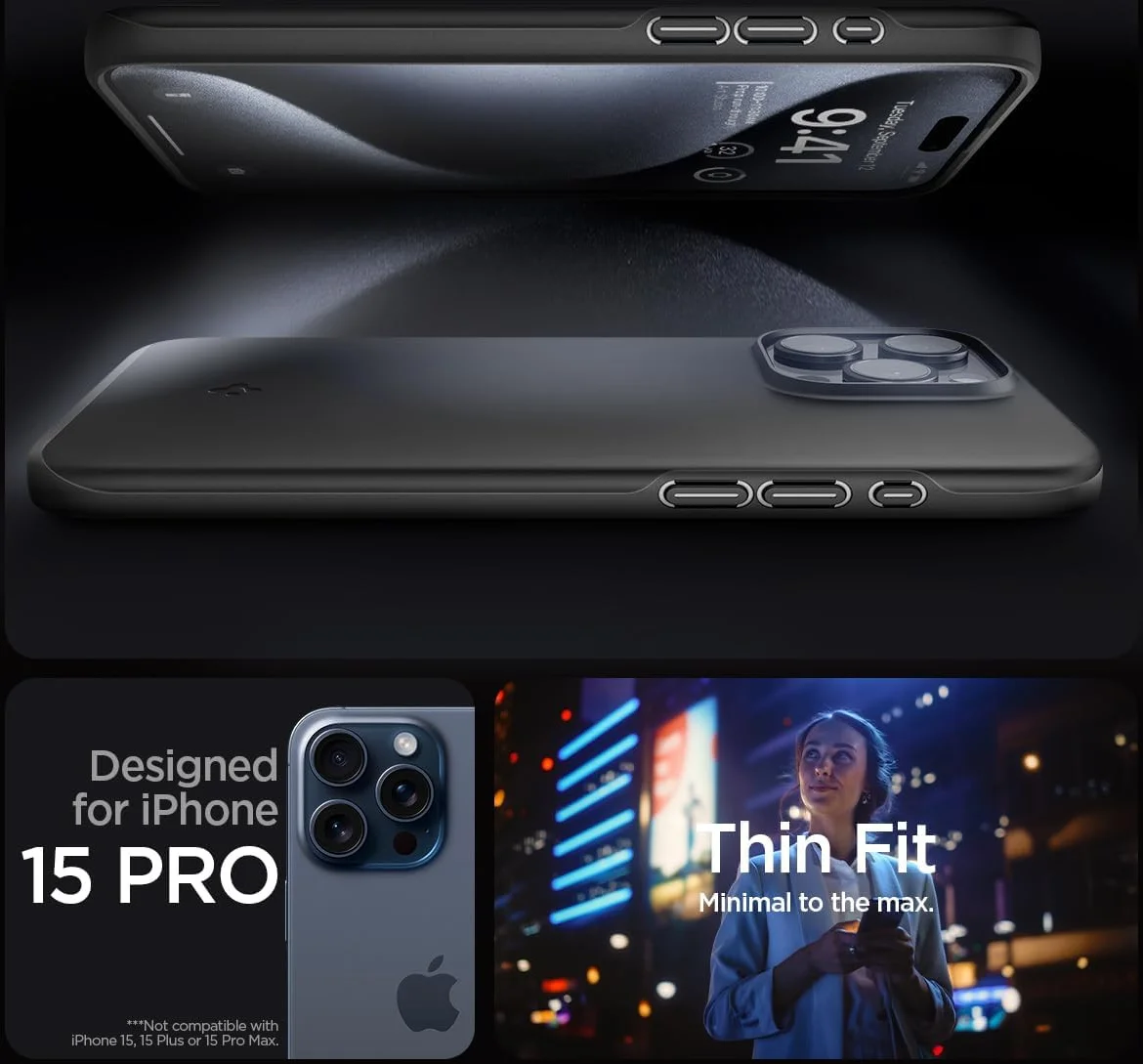 Spigen Thin Fit Apple iPhone 15 Pro Hoesje Back Cover Zwart afbeelding 3