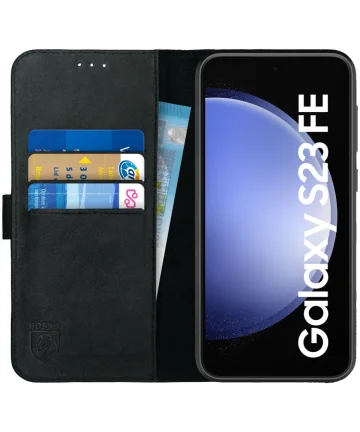Rosso Deluxe Samsung Galaxy S23 FE Hoesje Echt Leer Book Case Zwart Hoesjes