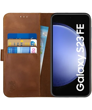 Rosso Deluxe Samsung Galaxy S23 FE Hoesje Echt Leer Book Case Bruin Hoesjes