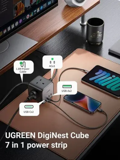 UGREEN DigiNest Cube 7-in-1 Power Adapter 65W 3x AC/2x USB-C 2x USB-A afbeelding 8