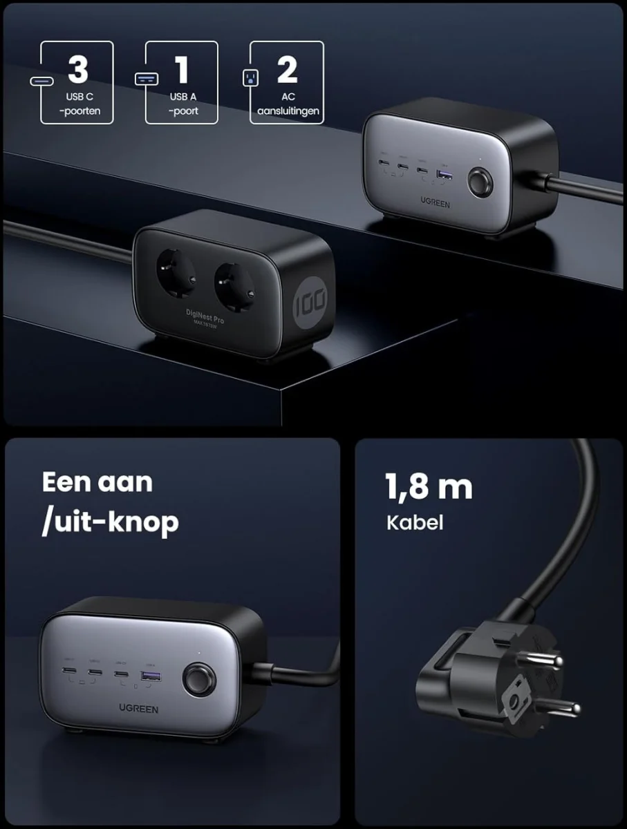 UGREEN DigiNest Pro 3x USB-C 2x Stopcontact / USB-A 100W GaN Snellader afbeelding 7