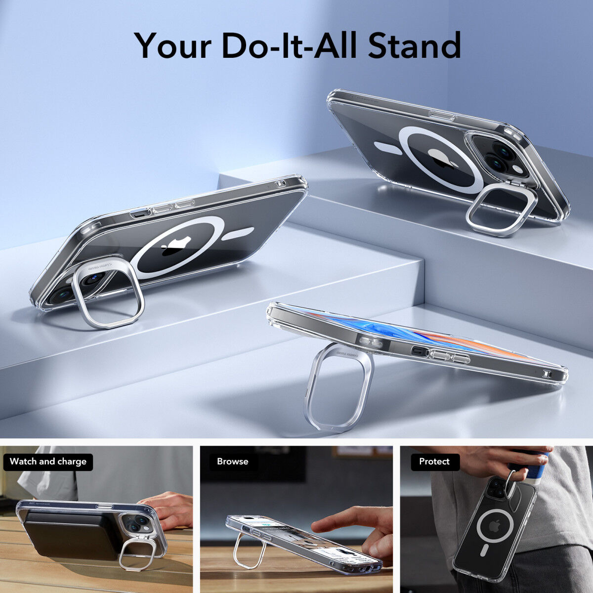 ESR Classic Hybrid MagSafe iPhone 15 Plus Hoesje met Stand Transparant afbeelding 5