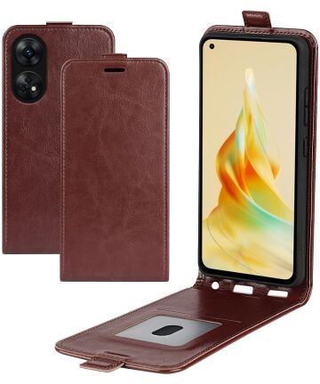 Oppo Reno8 T Hoesje Verticale Flip Wallet Case Kunstleer Bruin Hoesjes