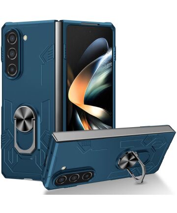 Samsung Galaxy Z Fold 5 Hoesje met Magnetische Kickstand Ring Blauw Hoesjes