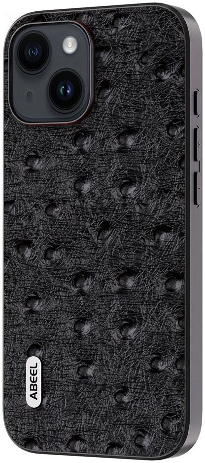 ABEEL Ostrich Apple iPhone 15 Hoesje Leer Back Cover Zwart afbeelding 1