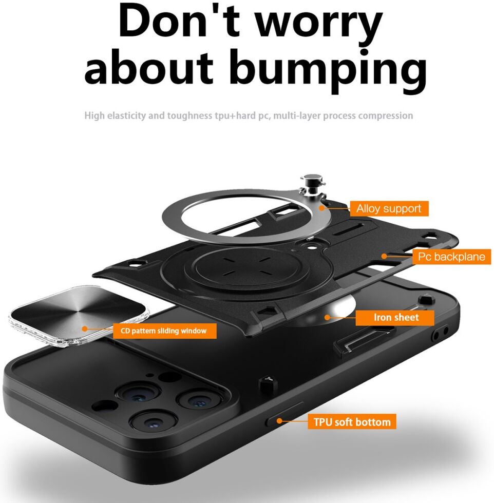 Apple iPhone 15 Pro Max Hoesje Camera Slider en Kickstand Ring Zwart afbeelding 7