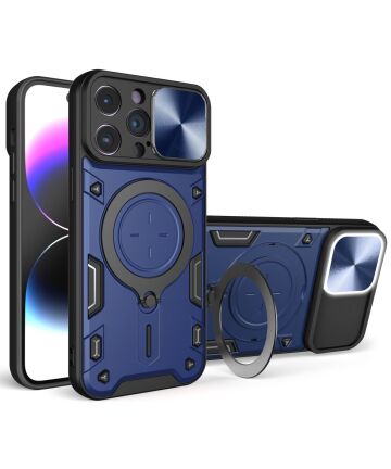 Apple iPhone 15 Pro Max Hoesje Camera Slider en Kickstand Ring Blauw Hoesjes