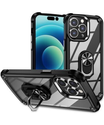 Apple iPhone 15 Pro Hoesje met Magnetische Kickstand Ring Zwart Hoesjes