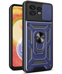 Motorola Edge 40 Pro Hoesje met Camera Slider en Kickstand Ring Blauw