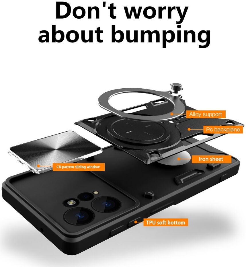 Xiaomi Redmi Note 12 Hoesje met Camera Slider en Kickstand Zwart afbeelding 5