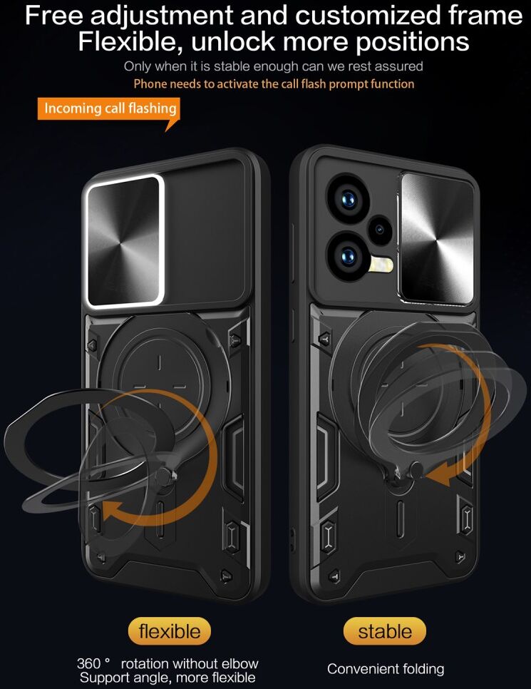 Xiaomi Redmi Note 12 5G/Poco X5 Camera Slider en Kickstand Ring Zwart afbeelding 2