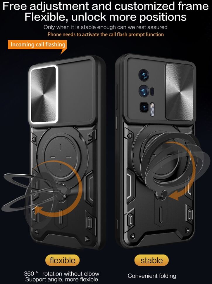 Xiaomi Poco F5 Pro Hoesje Camera Slider en Kickstand Back Cover Zwart afbeelding 6