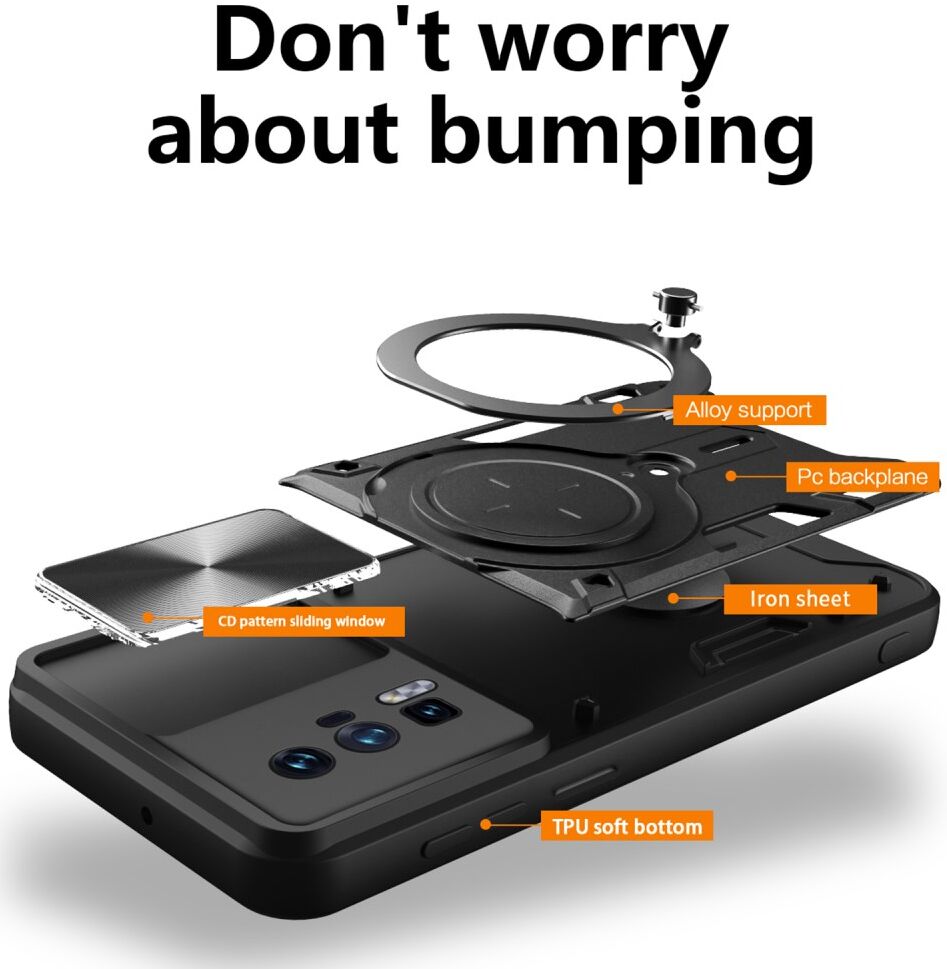 Xiaomi Poco F5 Pro Hoesje Camera Slider en Kickstand Back Cover Zwart afbeelding 7