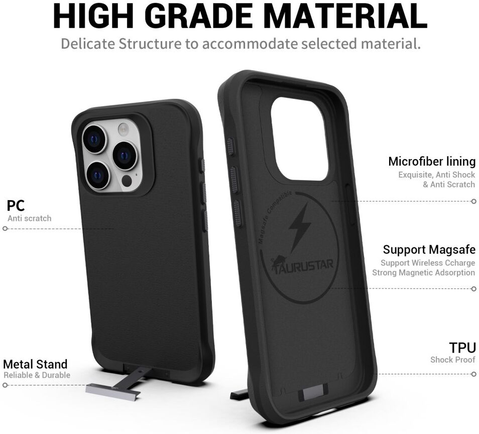 Apple iPhone 15 Pro Max Hoesje Metalen Kickstand Back Cover Zwart afbeelding 2