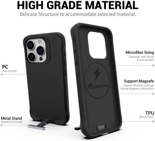 Apple iPhone 15 Pro Max Hoesje Metalen Kickstand Back Cover Zwart afbeelding 2
