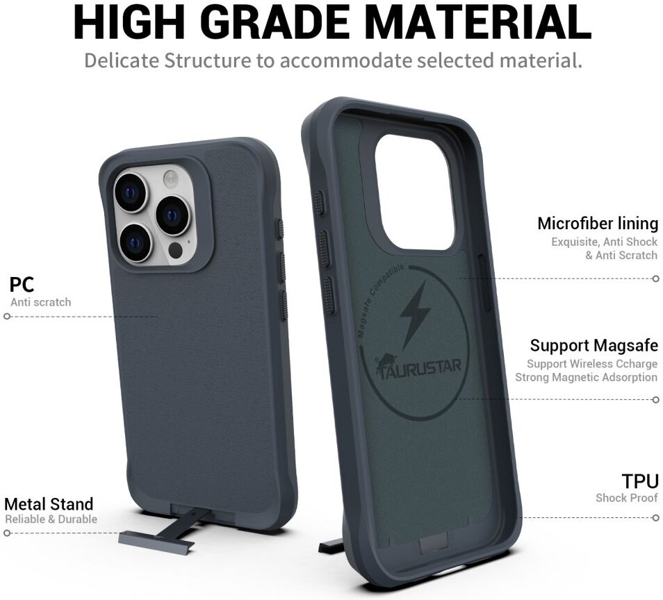 Apple iPhone 15 Pro Max Hoesje Metalen Kickstand Back Cover Grijs afbeelding 2