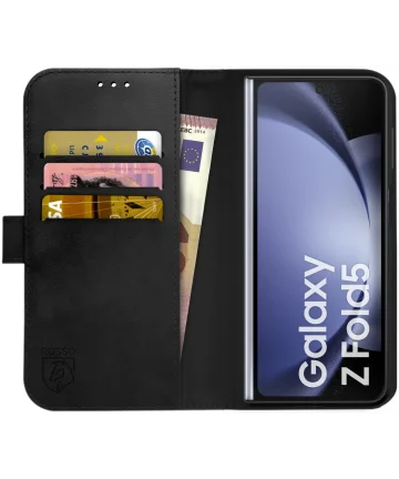 Rosso Deluxe Samsung Galaxy Z Fold 5 Hoesje Echt Leer Book Case Zwart Hoesjes