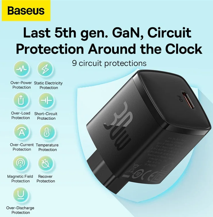 Baseus GaN5 30W Compacte Snellader USB-C PD Zwart afbeelding 7