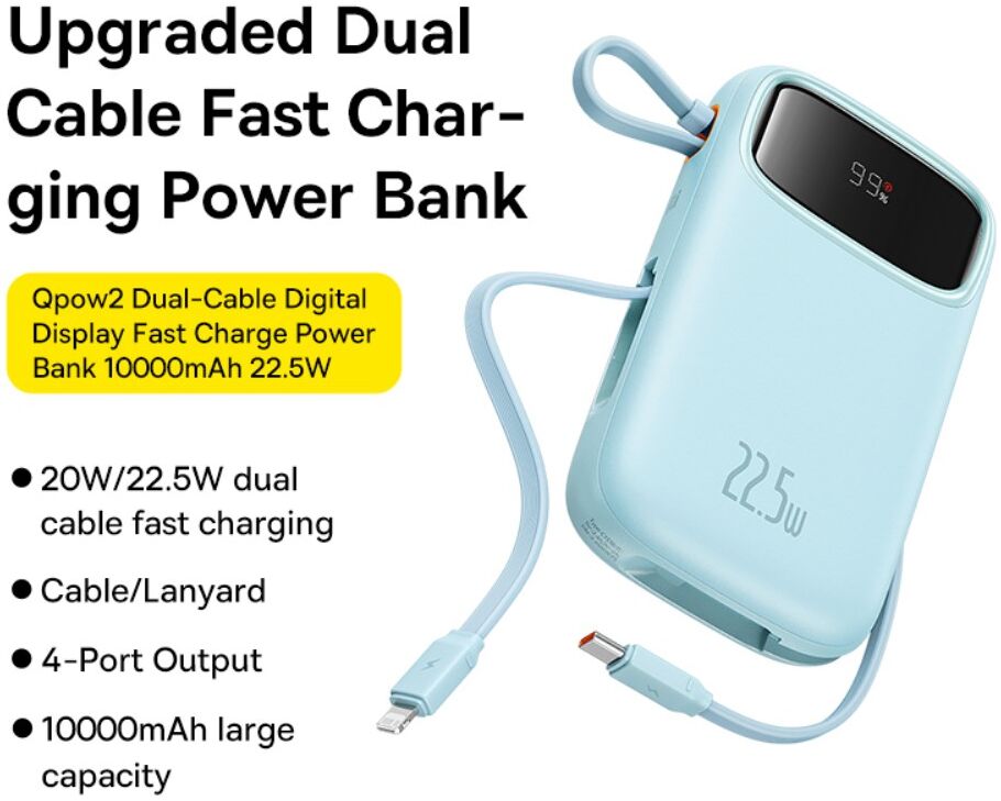 Baseus 10.000 mAh Powerbank met Ingebouwde USB-C/Lightning Kabel Blauw afbeelding 2
