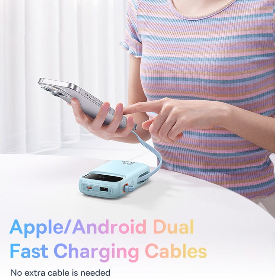 Baseus 10.000 mAh Powerbank met Ingebouwde USB-C/Lightning Kabel Blauw afbeelding 3