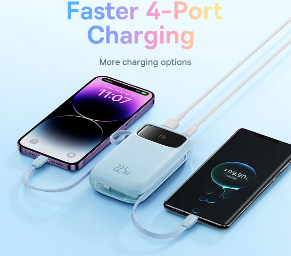 Baseus 10.000 mAh Powerbank met Ingebouwde USB-C/Lightning Kabel Blauw afbeelding 4