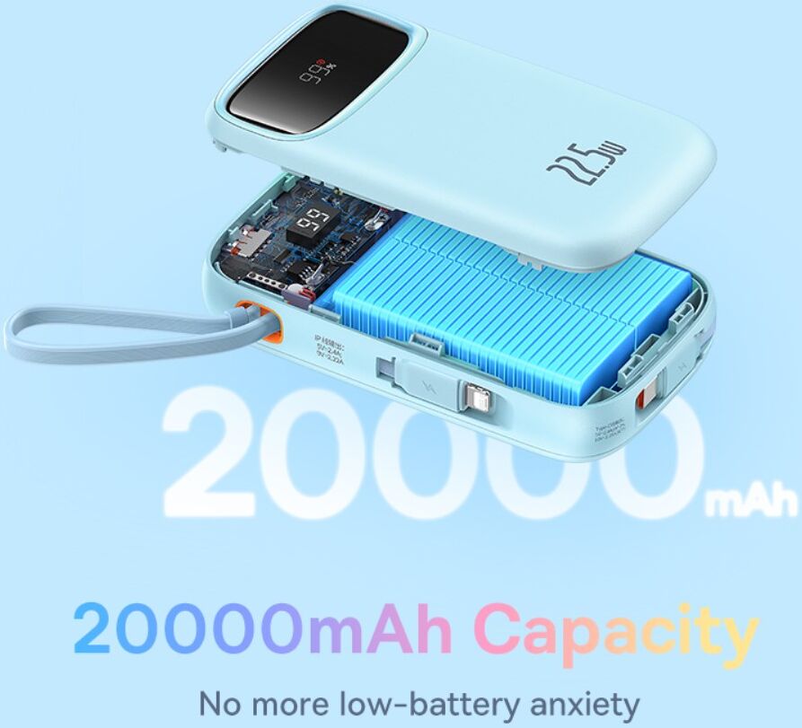 Baseus 10.000 mAh Powerbank met Ingebouwde USB-C/Lightning Kabel Blauw afbeelding 5