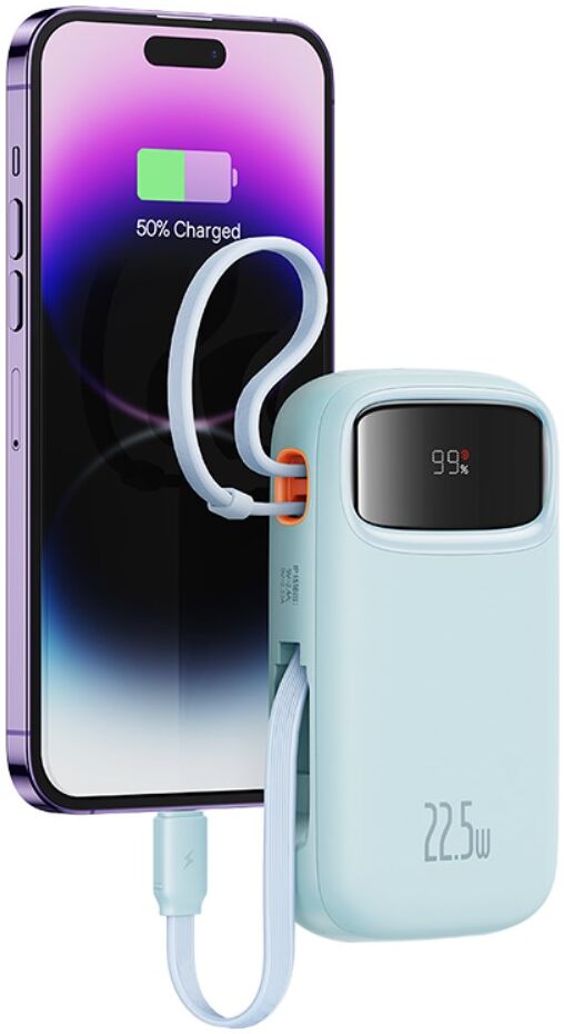 Baseus 10.000 mAh Powerbank met Ingebouwde USB-C/Lightning Kabel Blauw afbeelding 8