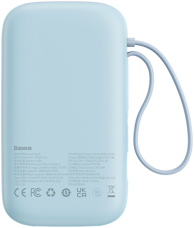Baseus 10.000 mAh Powerbank met Ingebouwde USB-C/Lightning Kabel Blauw afbeelding 9
