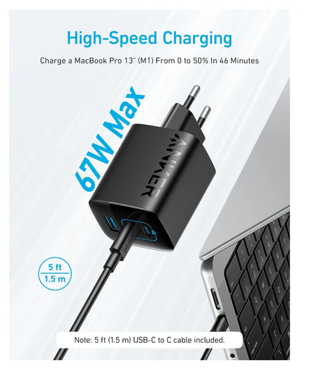 Anker 336 (67W) Fast Charger 3-Poorts USB-A en USB-C Adapter Zwart afbeelding 6