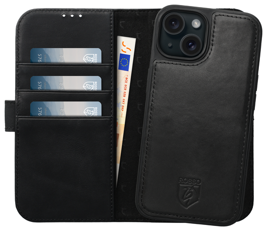 Rosso Elite iPhone 15 Plus Hoesje MagSafe Book Case Leer Zwart afbeelding 1