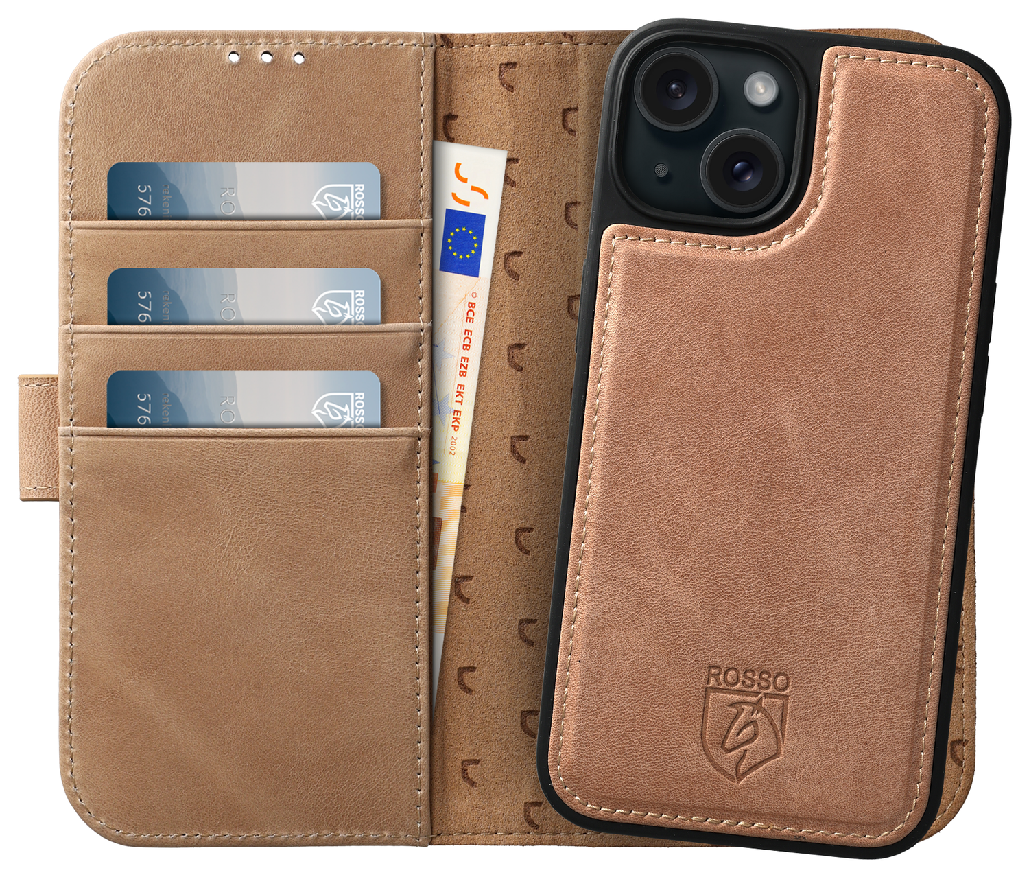 Rosso Elite iPhone 14 Hoesje MagSafe Book Case Echt Leer Lichtbruin afbeelding 1