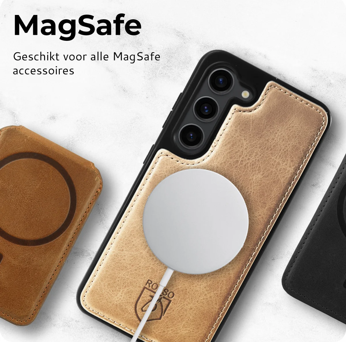 Rosso Elite Samsung Galaxy S23 Hoesje MagSafe Book Case Lichtbruin afbeelding 5