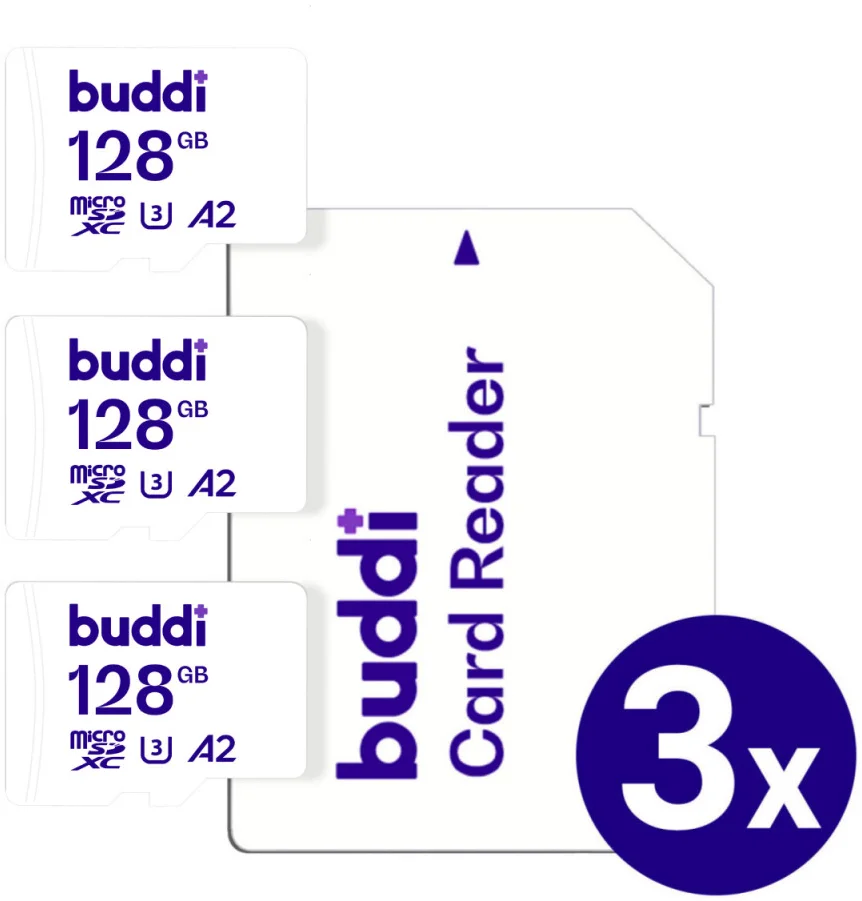 Buddi MicroSDXC Geheugenkaart met SD Kaart Adapter 128GB 3-Pack - Oud afbeelding 1