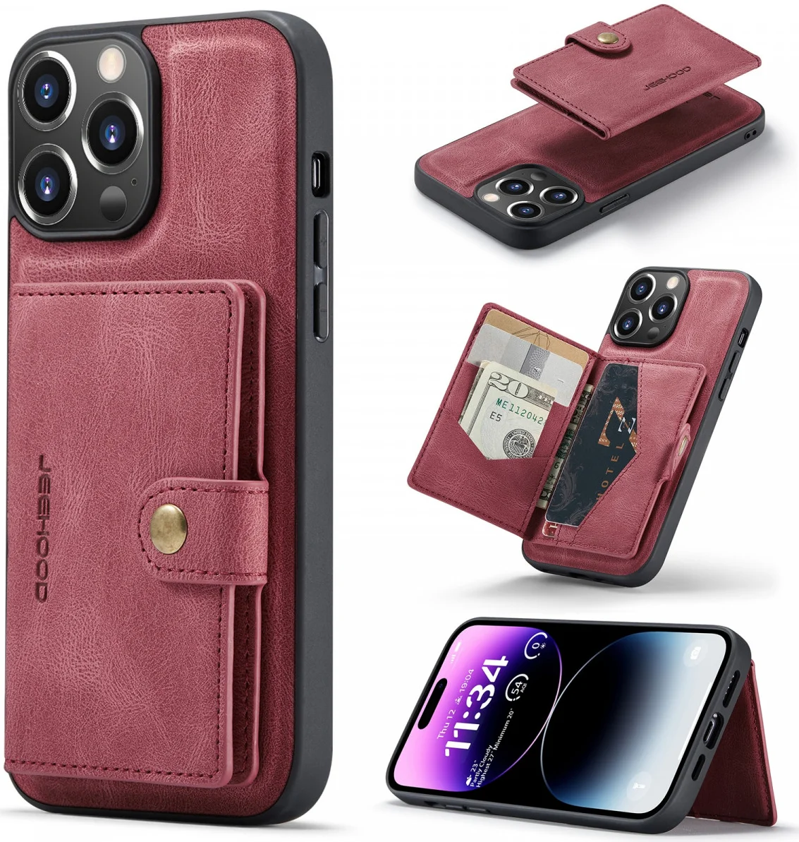 CaseMe JH-01 Apple iPhone 15 Pro Hoesje Magnetische Kaarthouder Rood afbeelding 2