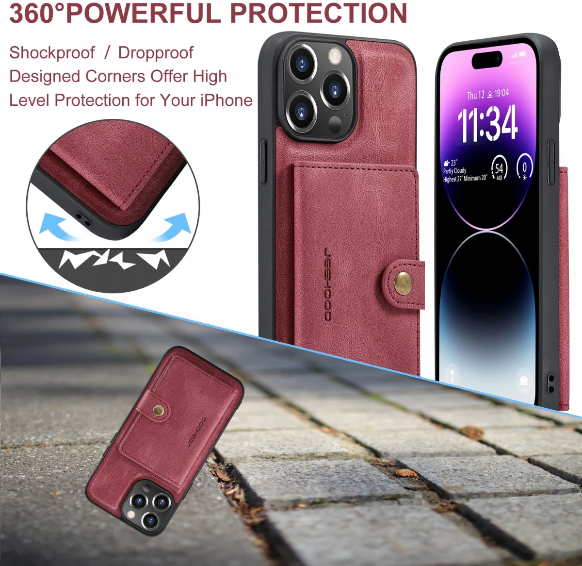 CaseMe JH-01 Apple iPhone 15 Pro Hoesje Magnetische Kaarthouder Rood afbeelding 4