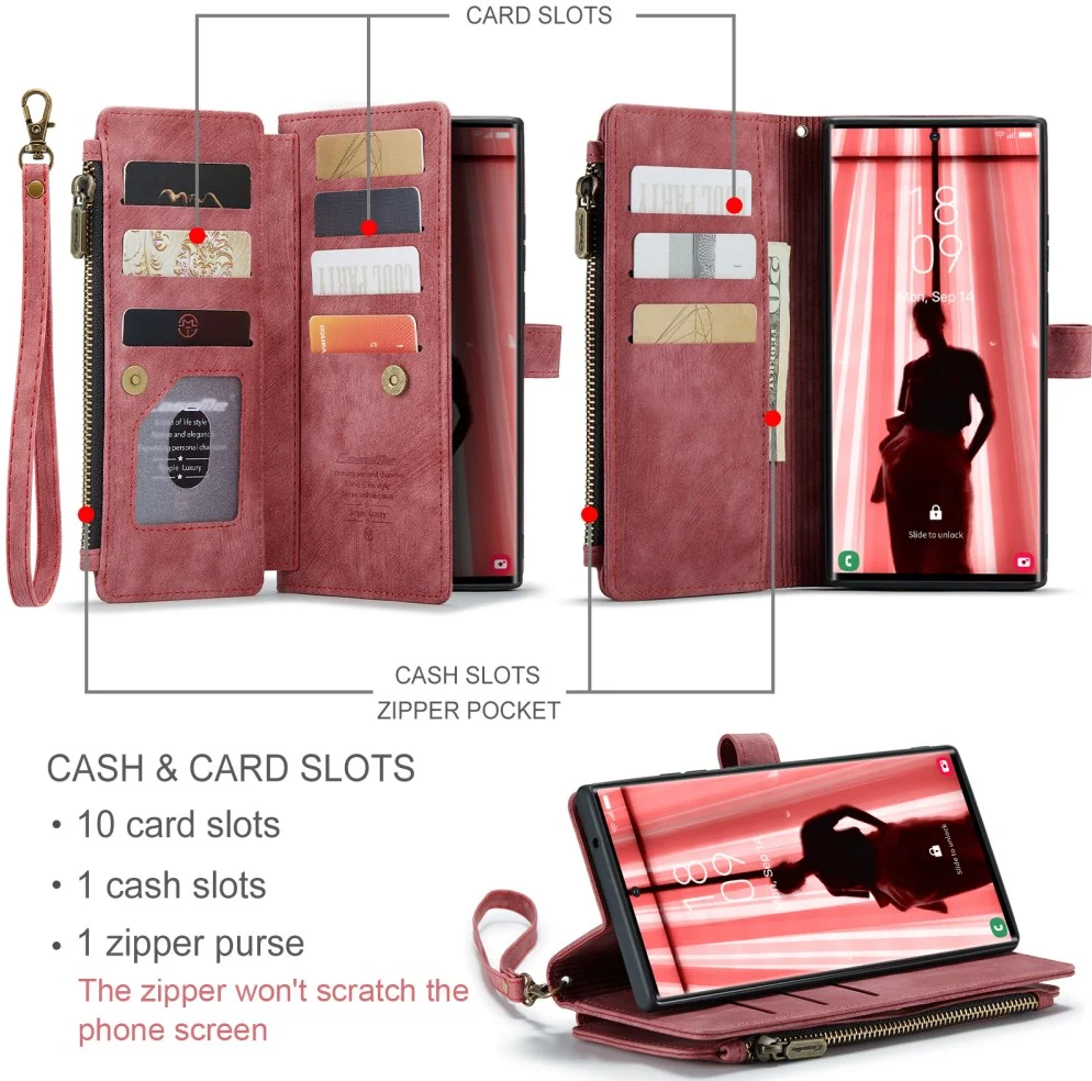 CaseMe C30 Samsung S23 Ultra Hoesje Pasjeshouder Book Case Rood afbeelding 3