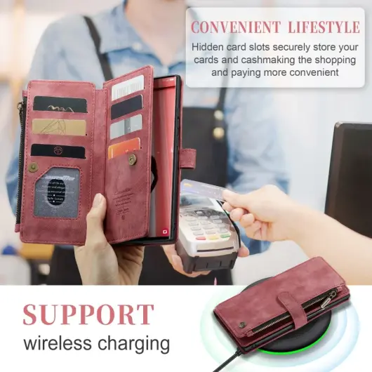 CaseMe C30 Samsung S23 Ultra Hoesje Pasjeshouder Book Case Rood afbeelding 9